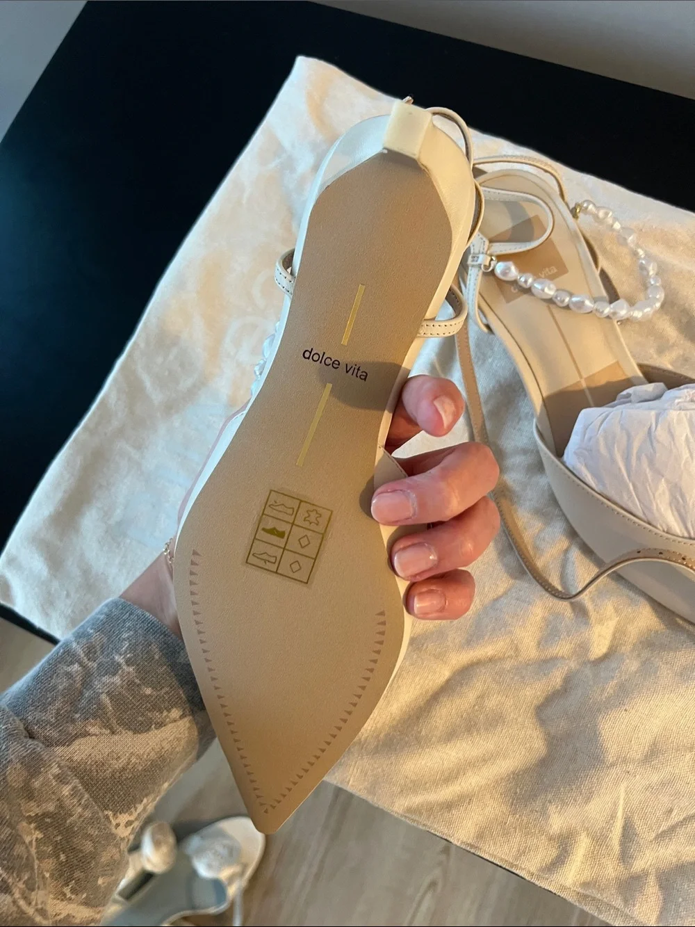 Dolce Vita Cream Pointed Pearl-Embellished Slingback Flats